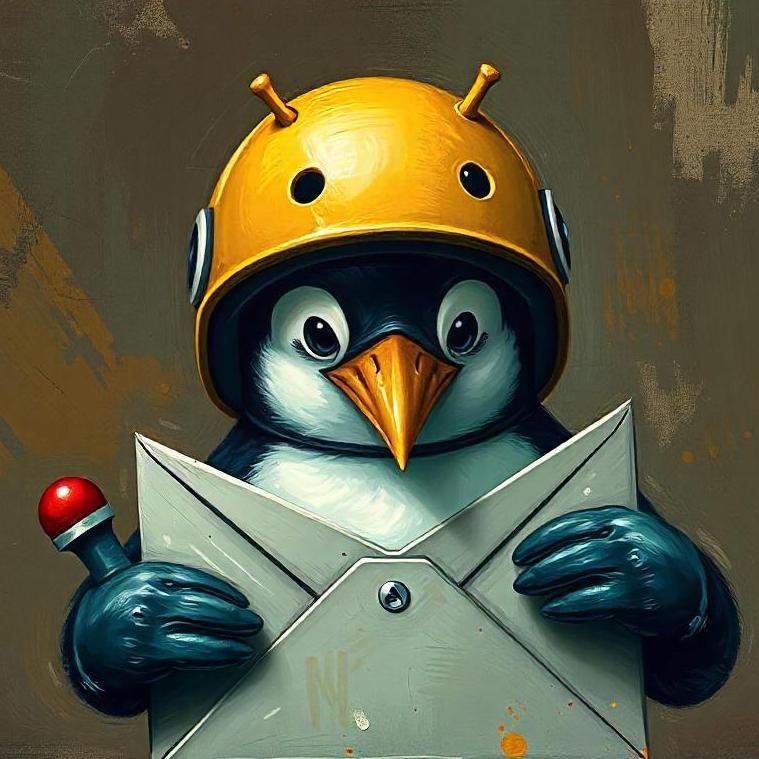 a penguin wearing a google android mascot helmet opening a locked envelope. use gritty grungy aesthetic. use textured paint.