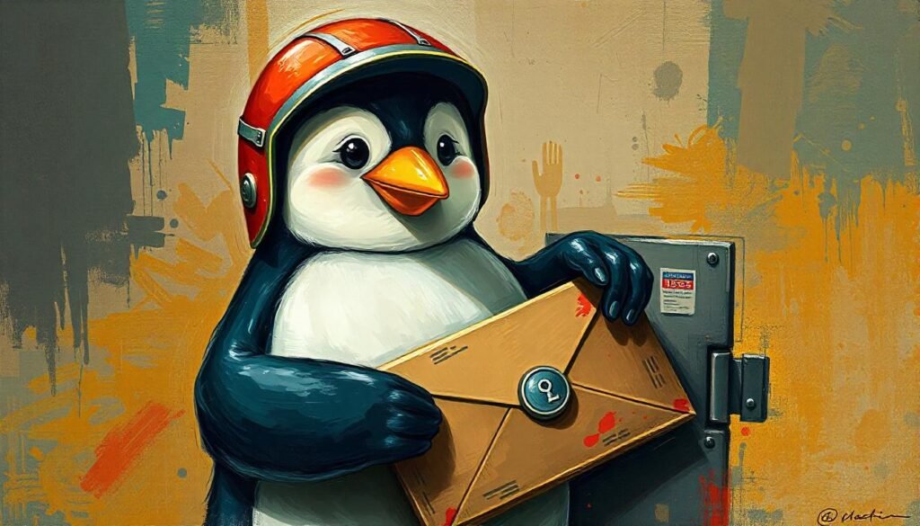 a penguin wearing a google android mascot helmet opening a locked envelope. use gritty grungy aesthetic. use textured paint.