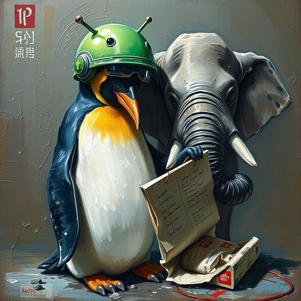 a textured oil painting of a penguin wearing a green google android helmet playing with an elephant holding a grocery list. angsty gritty textured aesthetic.