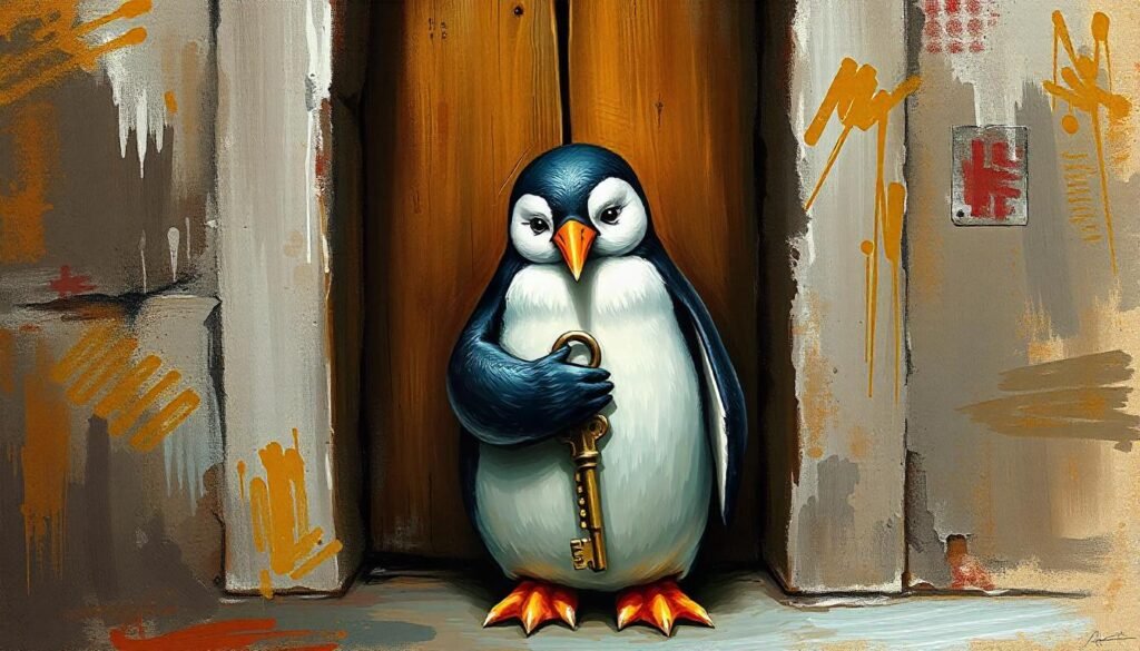 penguin holding key guarding a door. angsy. grungy gritt. textured