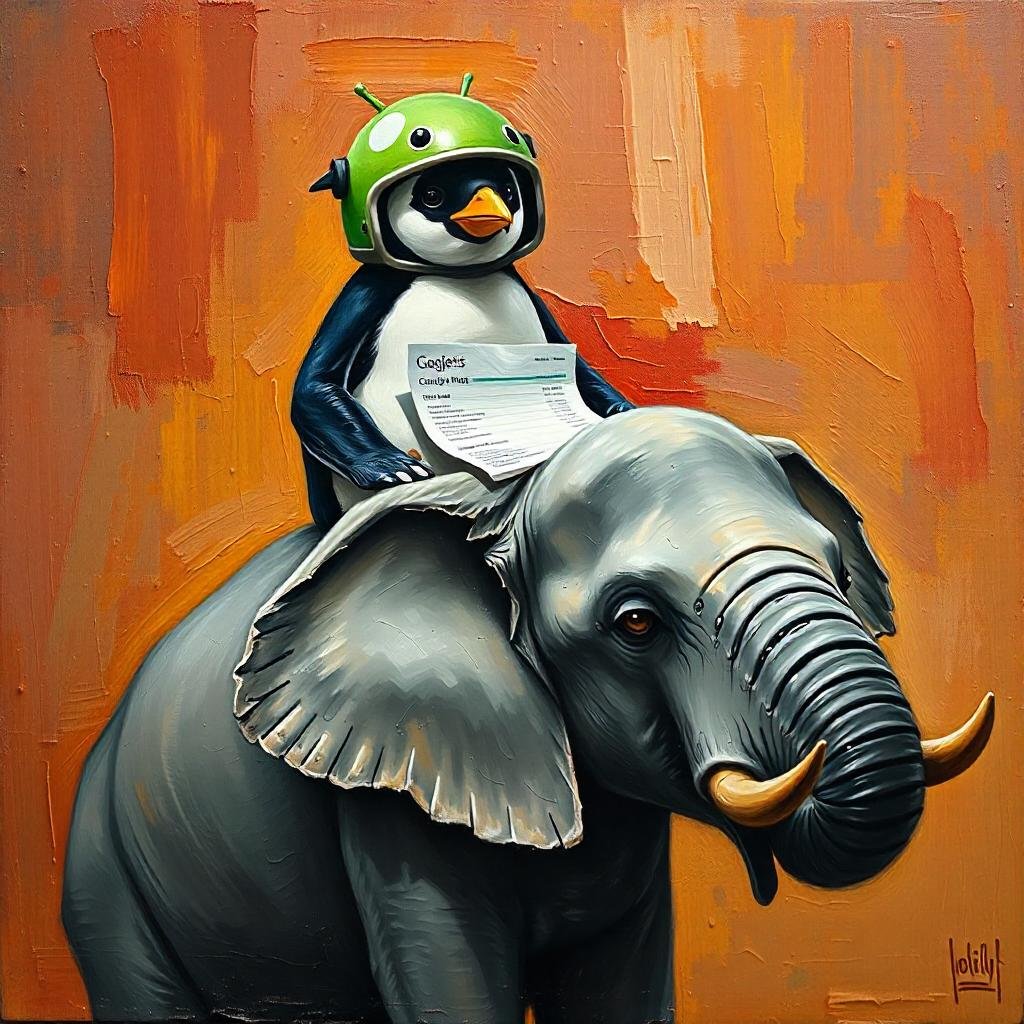 a textured oil painting of a penguin wearing a green google android helmet riding an elephant holding a grocery list in its trunk. angsty gritty textured aesthetic.