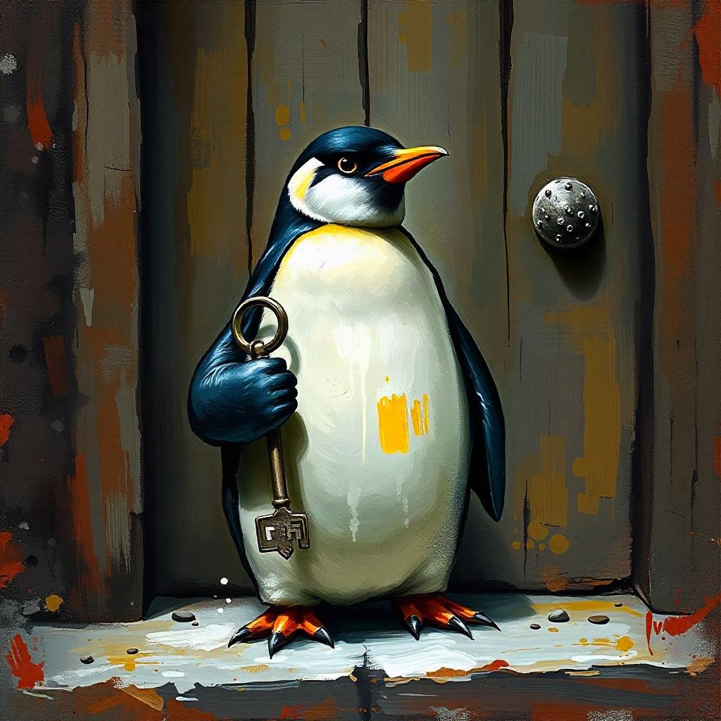 penguin holding key guarding a door. angsy. grungy gritt. textured