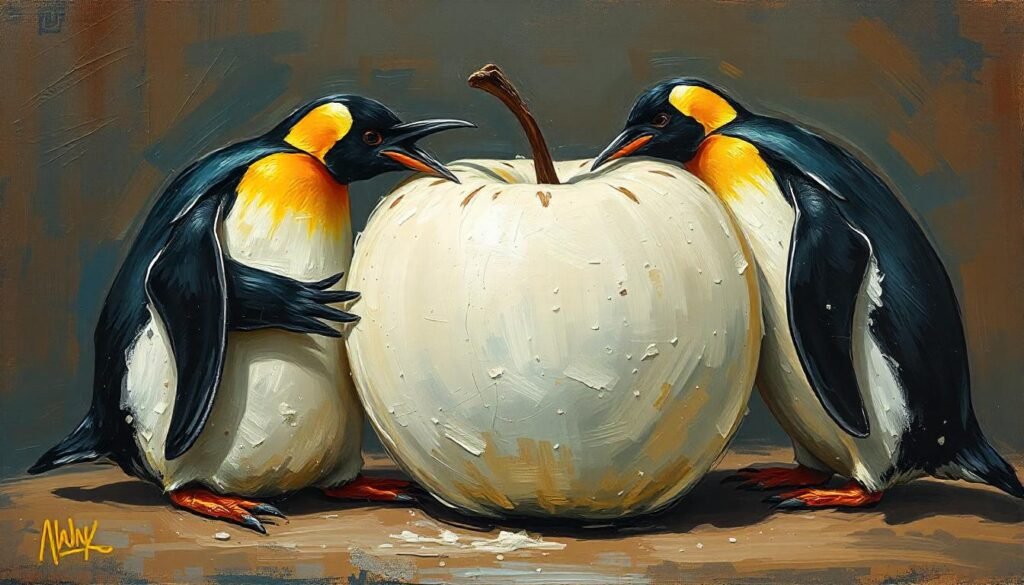 penguins fighting over a huge white apple. textured paint. angsty. gritty, grungy esthetic.