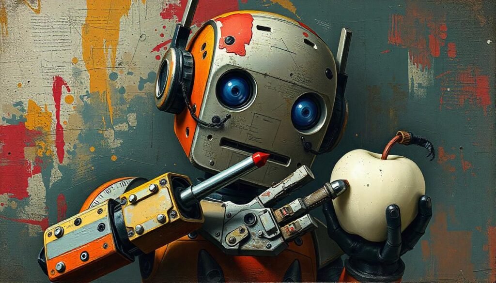 a robot with a wrench and screwdriver tinkering with a white apple. textured paint grungy angsty gritty aesthetic.
