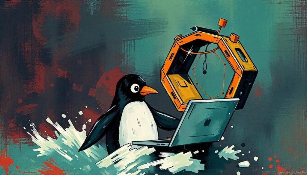 Penguin surfing the web.