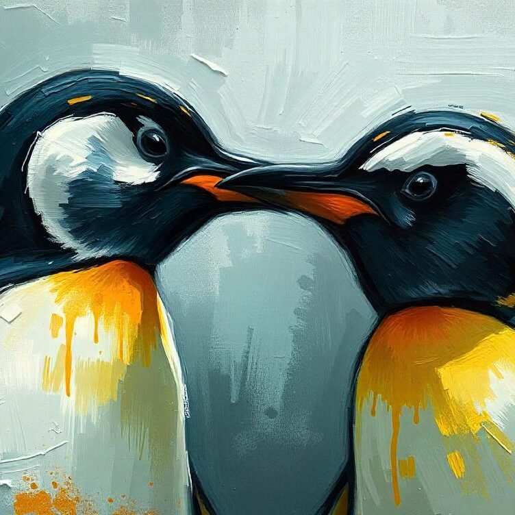 Two penguins kissing.