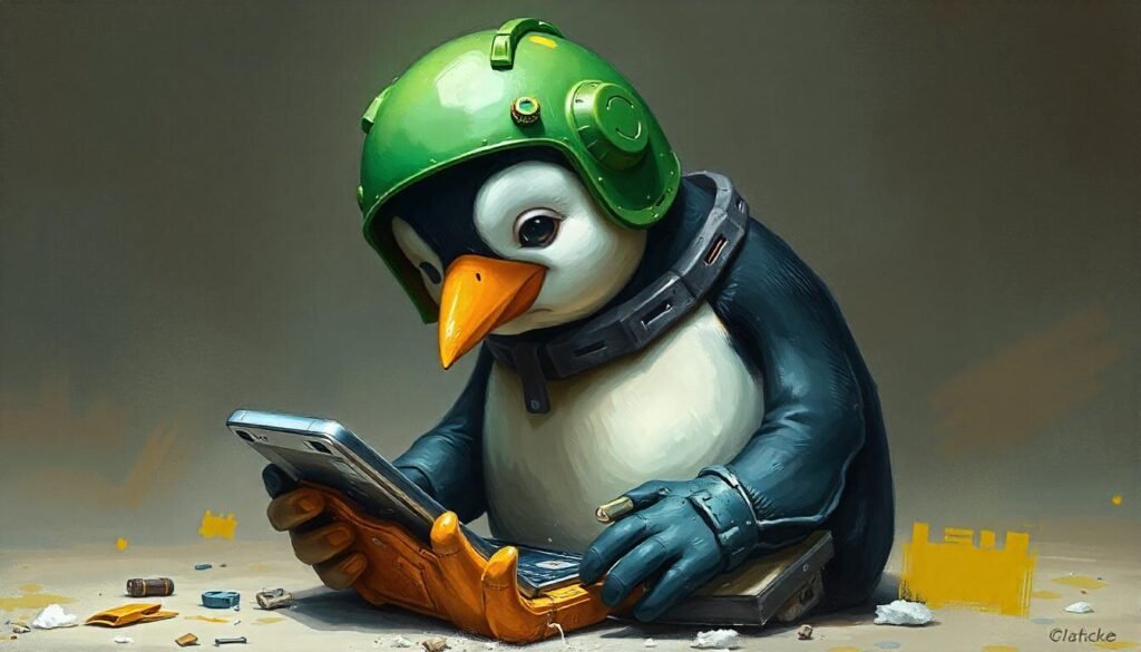 a penguin with a green android helmet taking apart a mobile phone. painting style with textures and in a gritty grungy aesthetic.