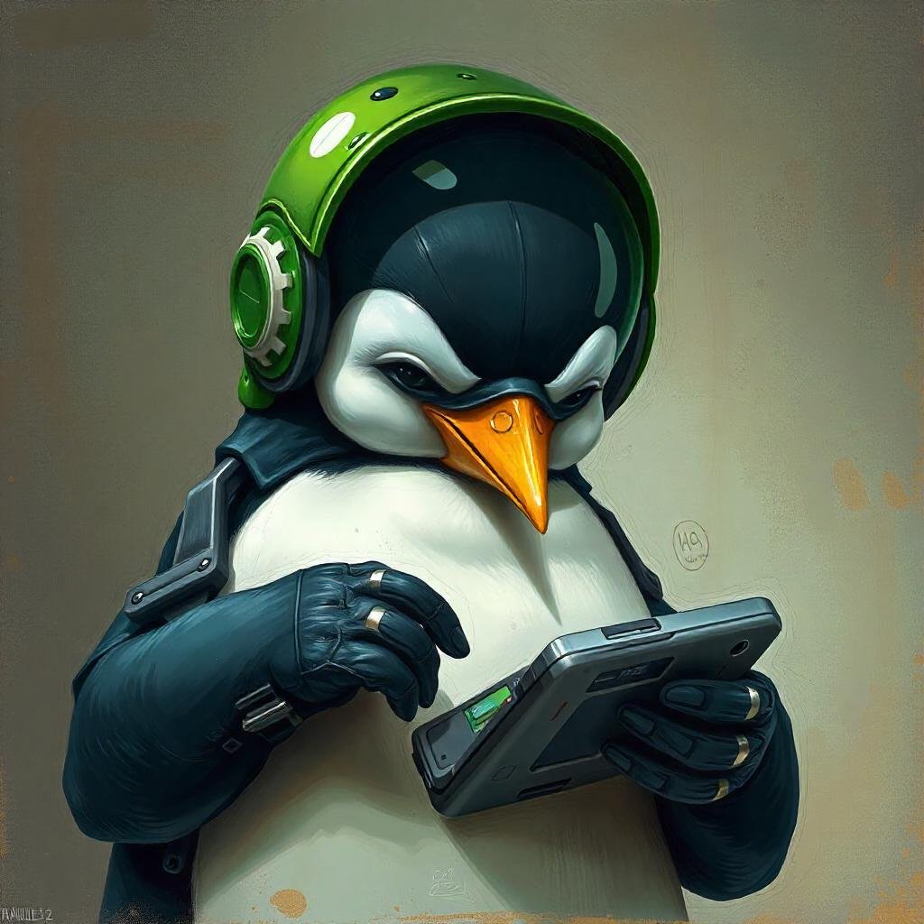 a penguin with a green android helmet taking apart a mobile phone. painting style with textures and in a gritty grungy aesthetic.