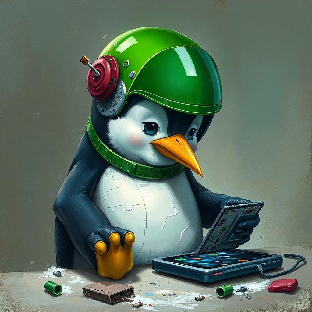 a penguin with a green android helmet taking apart a mobile phone. painting style with textures and in a gritty grungy aesthetic.