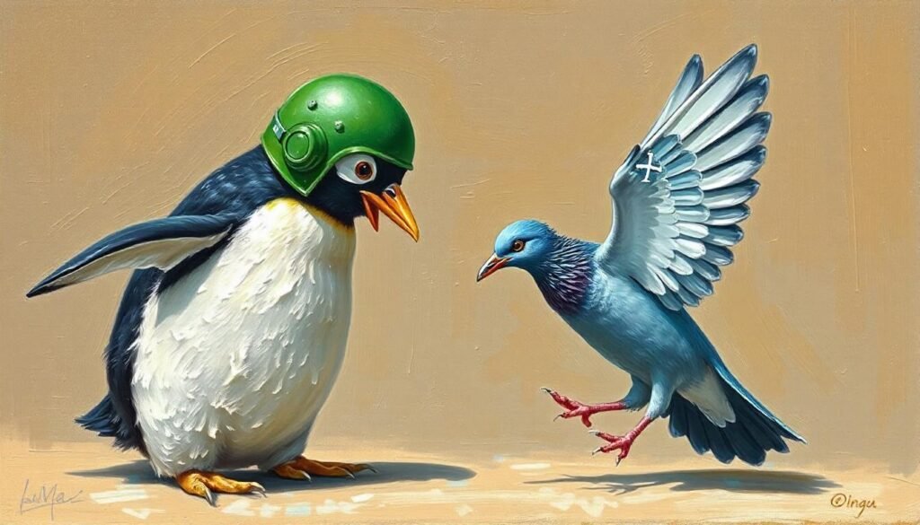 sam galope dev a textured oil painting of a penguin wearing a green android helmet trying to catch a blue pigeon clutching the letter X in its talons twitter bot wide