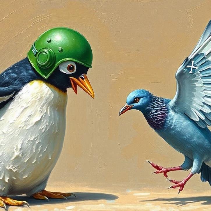 sam galope dev a textured oil painting of a penguin wearing a green android helmet trying to catch a blue pigeon clutching the letter X in its talons twitter bot square