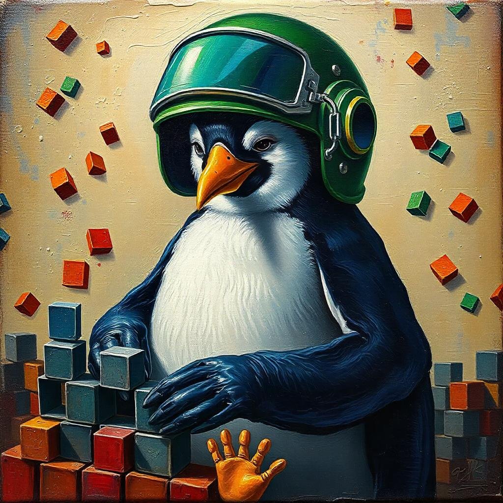 sam galope dev mascot a textured oil painting of a penguin sam galope dev mascot wearing a green and android helmet playing tetris tetris bricks falling in the background square