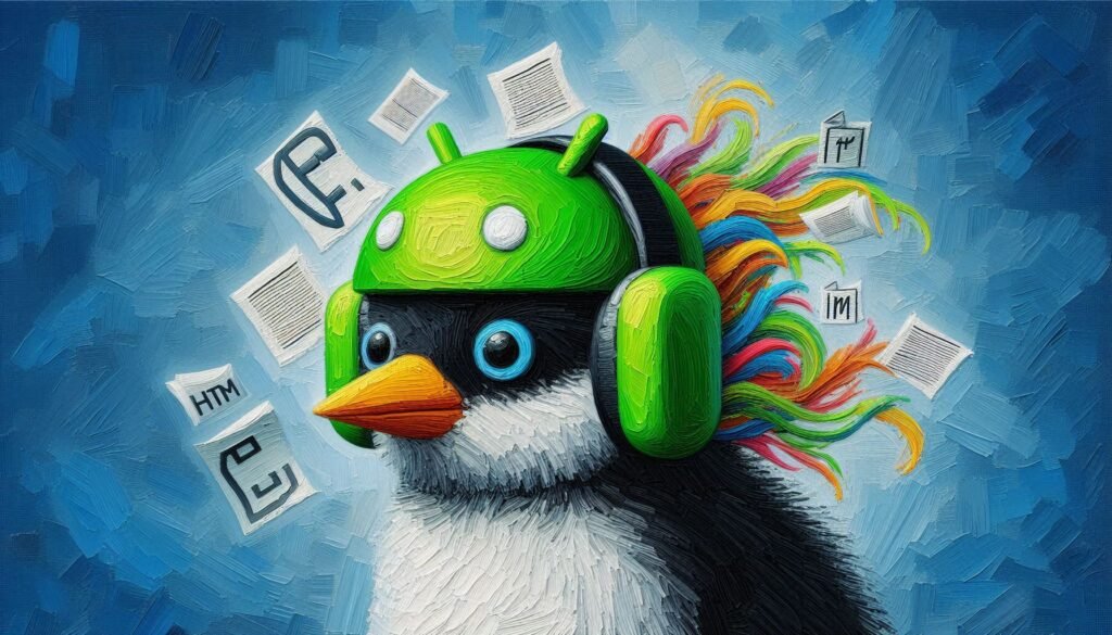 sam galope mascot html to pdf oil painting of a penguin wearing a green android helmet mashing together the html and pdf icons wide