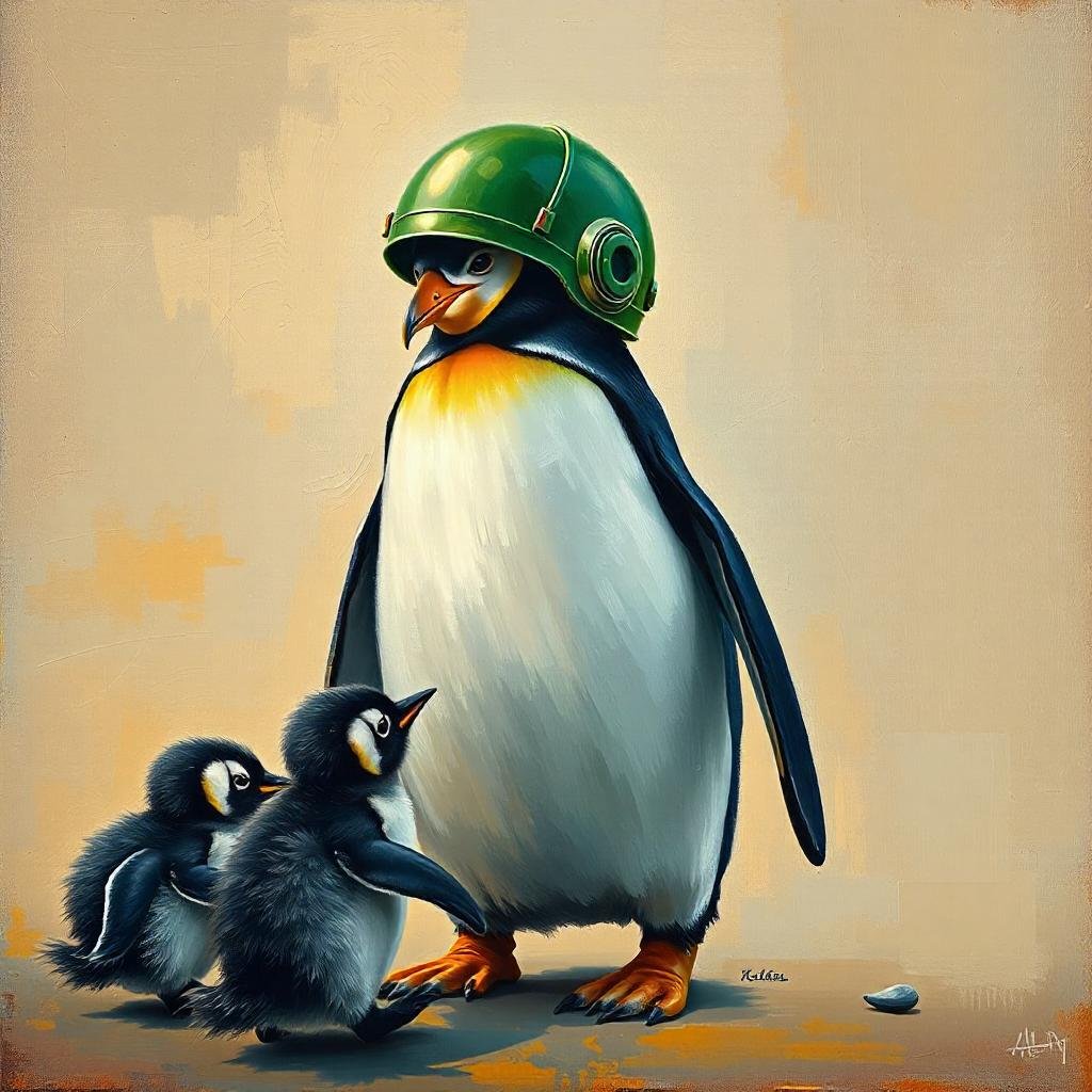 samgalope-dev-mascot-a textured oil painting of a penguin wearing a green android helmet helping baby penguins walk square