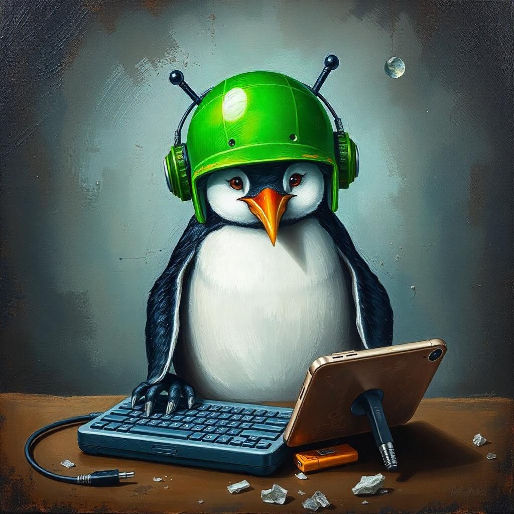 Samgalope dev mascot penguin connecting peripherals to mobile phone