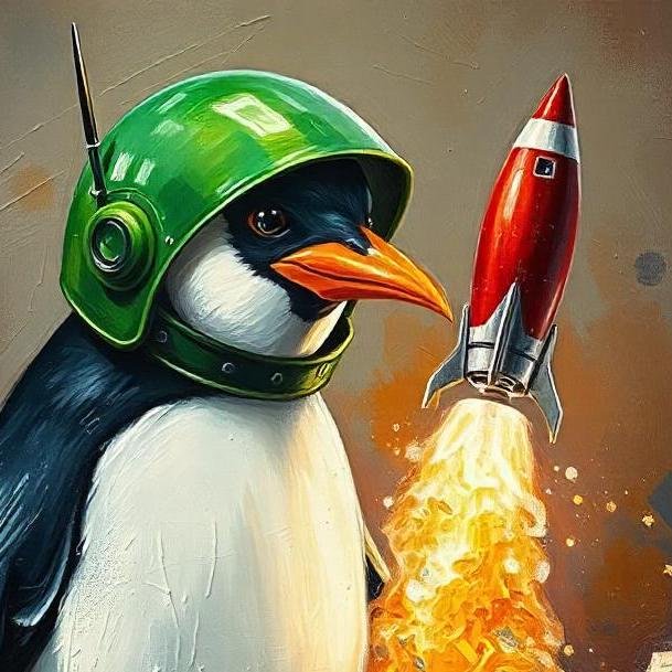 Samgalope dev mascot penguin launching rocket to space signifying termux boost