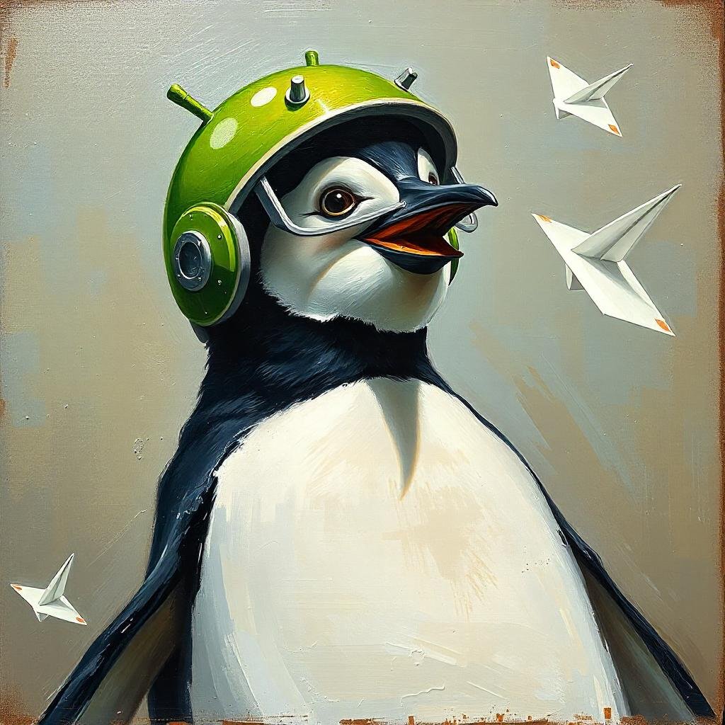 Sam Galope. a textured oil painting of a penguin wearing a green google android helmet throwing paper airplanes. use gritty grungy aesthetic.