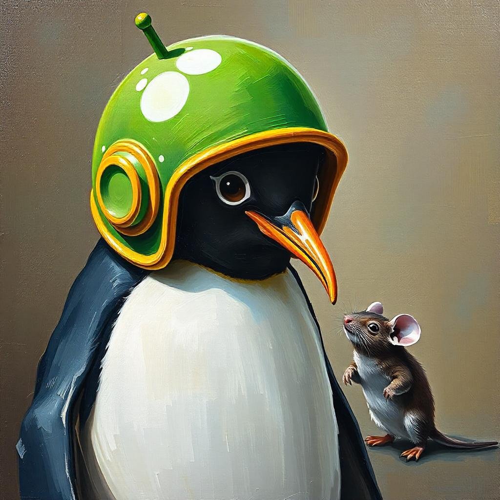 a textured oil painting of a penguin wearing a green google android helmet talking to a mouse.