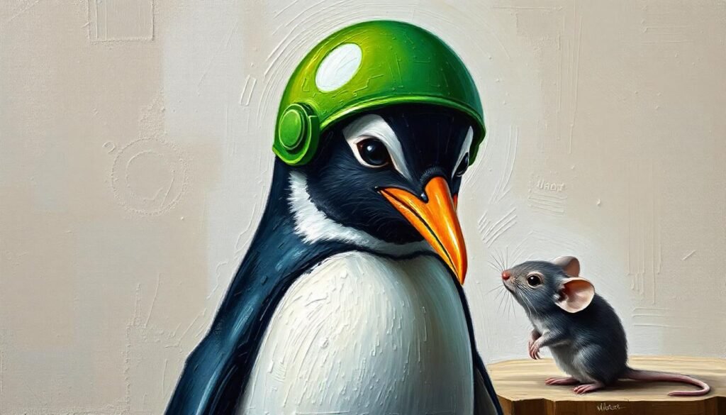 a textured oil painting of a penguin wearing a green google android helmet talking to a mouse.