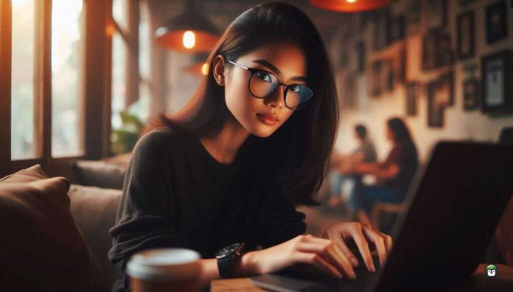 Young Filipina developer using Vim in Termux on her phone while seated in a dimly lit Manila café.
