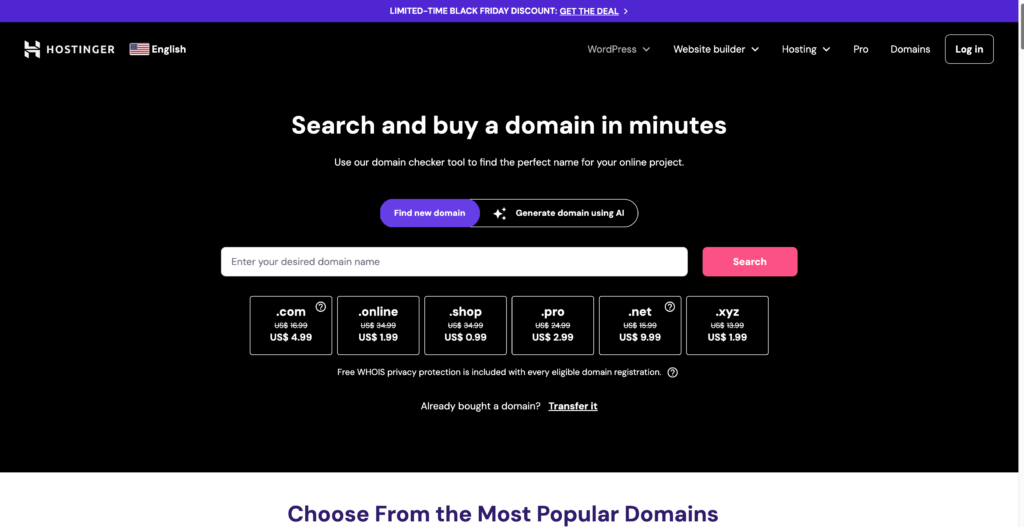 Hostinger Search and buy a domain in minutes
