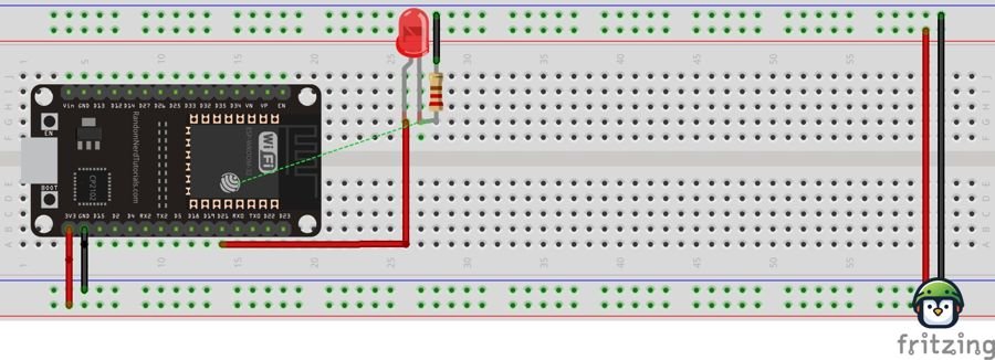 Close-up of a breadboard setup featuring an ESP32 module, an LED connected to a GPIO pin through a resistor, demonstrating a PWM circuit for brightness control using MicroPython.