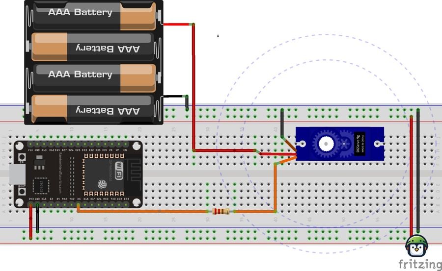 readboard setup showing an ESP32 microcontroller connected to a servo motor with a 220-ohm resistor on the signal pin, a common ground between the ESP32 and the external power supply, and dedicated wiring for stable power delivery to the servo.