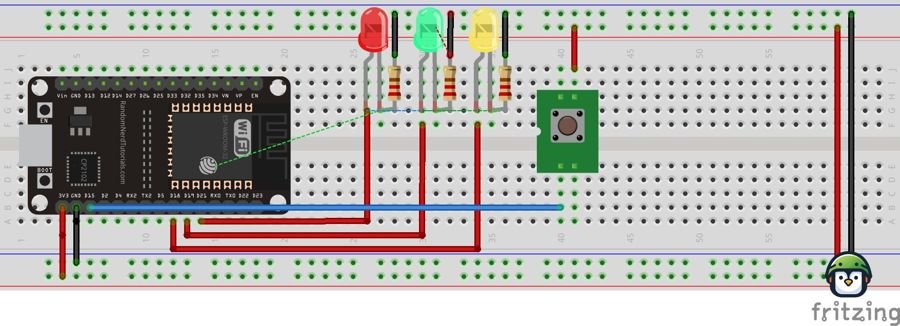 ESP32 breadboard setup showing a button on pin 15 with a pull-down resistor, controlling LED 21, along with additional LEDs connected to pins 19 and 18.