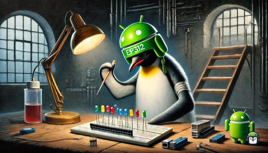 A dramatic oil painting of a penguin wearing a green android helmet, installing multiple LEDs on a breadboard controlled by an ESP32 in an underground secret lab. The LEDs are controlled using timers, adding a dynamic element to the scene.