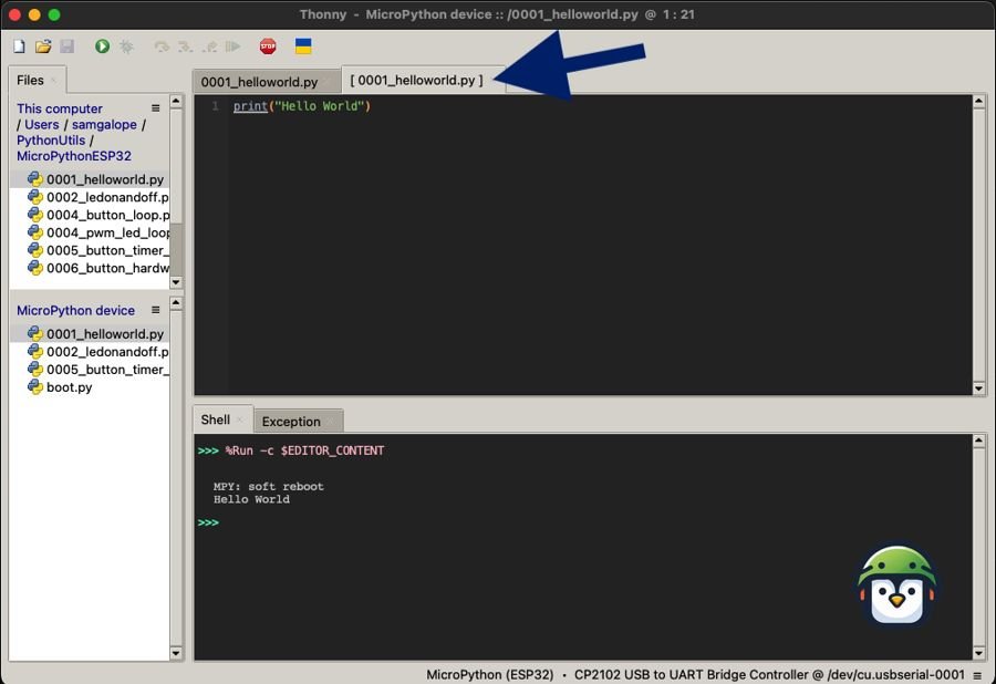 Using Thonny files panel to Open Python scripts directly from the ESP32 storage.