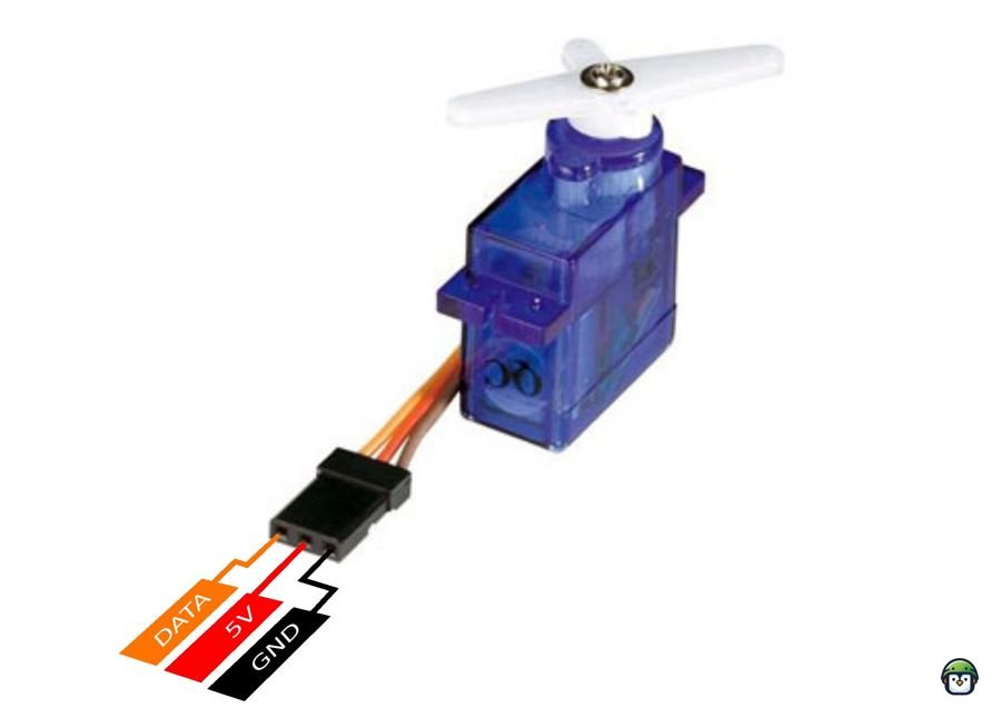 Diagram of the SG90 servo motor pinout with three pins labeled: signal (orange), power (red), and ground (brown).