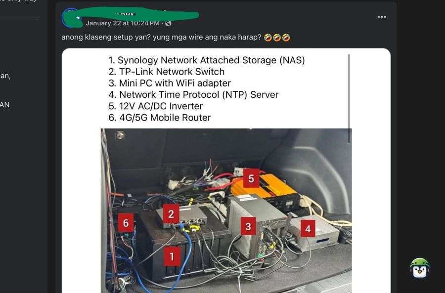 A screenshot of a Facebook post humorously critiquing the seized spying equipment, highlighting misplaced cables and suggesting the setup was arranged by individuals unfamiliar with tech, implying it may have been staged.