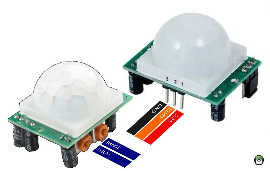 PIR sensor showing the pinout layout, including pins for VCC, GND, and OUT, as well as the range and delay adjustment potentiometers