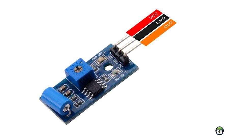 Diagram showing the pin layout of the SW-420 vibration sensor module, labeled with VCC, GND, and OUT.