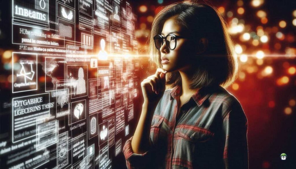 Calista, a tech-savvy Filipina in black-rimmed glasses, stands before a glowing digital map of fake news headlines, representing the spread of misinformation in the Philippines.